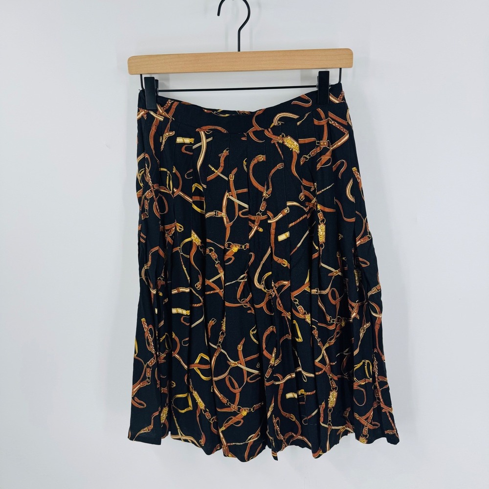 Vintage Ann‎ Taylor Pleated Skirt Black Belt Buckle Print Size 8 Equestiran